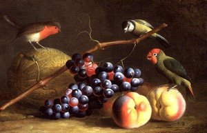 Tre uccelli con pesche, uva e un melone