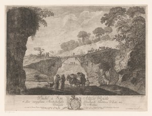 Paesaggio montano con un ponte di legno tra due rocce da Jakob Wangner