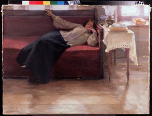 ""Songes"" giovane ragazza pensierosa sdraiata su un divano. Dipinto di Jakov Kalinichenko (1869-1938) 1904 State Regional I. Pozhalostin Art Museum, Ryasan da Jakoff Jakovlevitch Kalinitchenko