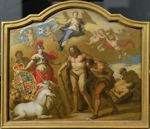 Allegoria del potere della Gran Bretagna per terra, progetto per un pannello decorativo per la carrozza cerimoniale di Giorgio I, c.1718 da James (attr. to) Thornhill