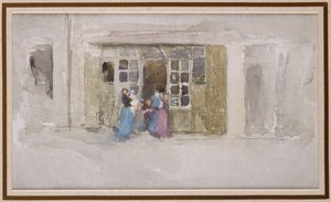 Donne e bambini alla porta di un negozio