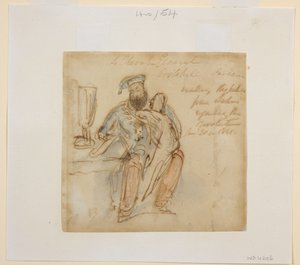 Generale Avitabile seduto a un tavolo che legge, con una donna sulle ginocchia, possibilmente la sua favorita, Begum Peri da James Atkinson