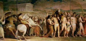 Incoronazione dei vincitori a Olimpia, terzo della serie Il progresso della cultura e della conoscenza umana, dettaglio del pannello centrale che mostra Diagora da James Barry