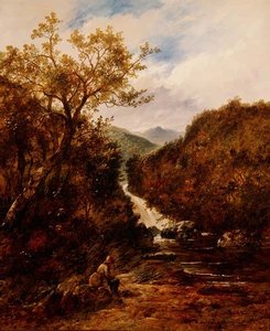 Pescatore presso una cascata boschiva da James Charles Ward