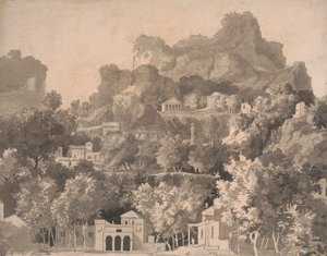 Paesaggio roccioso con edifici classici da James Deacon