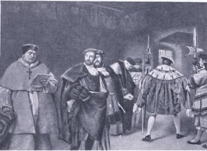Congedo del Cardinale Wolsey da Re Enrico VIII, dalla Storia del Popolo Britannico di Cassell pubblicata dalla Waverley Book Company, c.1950s