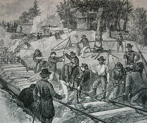 Truppe che distruggono una linea ferroviaria (incisione)