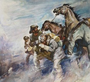 Uomini e cavalli che combattono una tempesta (gouache su carta) da James Edwin McConnell