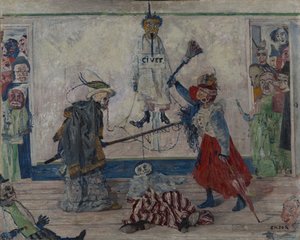 Scheletri in lotta per il corpo di un impiccato