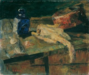 Natura morta con bottiglia blu e pollo spennato da James Ensor