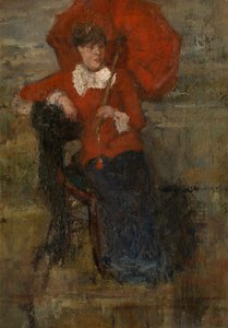 La signora con il parasole rosso (olio su tela)