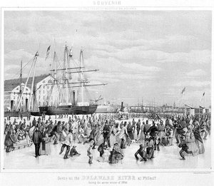 Scena sul fiume Delaware a Filadelfia durante il rigido inverno del 1856