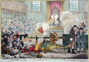 Un Plumper per Paul! o Il piccolo sarto fatto fuori! cioè Gli effetti terribili di provocare un colpo rovente dalla batteria Whig a fondo largo da James Gillray