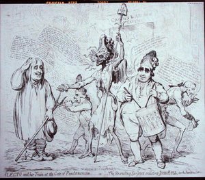 Alecto e il suo seguito alla porta del Pandemonio, o Il sergente reclutatore che arruola John Bull nel servizio della rivoluzione, pubblicato da S.W. Fores nel 1791 da James Gillray