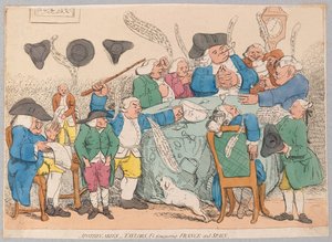 Farmacisti, sarti, ecc. che conquistano Francia e Spagna, pub. 1779 (incisione colorata a mano)
