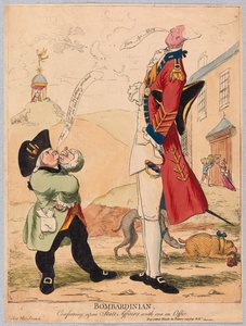 Bombardinian, che discute di affari di stato con uno in carica, pub. 1779 (incisione colorata a mano)