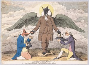 Briciole di conforto, o il vecchio ortodosso che restituisce consolazione ai suoi figli caduti, pub. 1782 (incisione colorata a mano) da James Gillray
