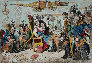 Generali francesi in pensione per motivi di salute con Lepaux che presiede al dispensario direttoriale da James Gillray