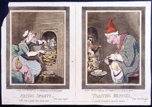 Frittura di spratti, o cena reale, e tostatura di muffin, o colazione reale, pubblicato da Hannah Humphrey nel 1791 (incisione colorata a mano)