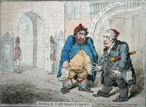 Incontro di cittadini sfortunati, pubblicato da Hannah Humphrey nel 1798 da James Gillray
