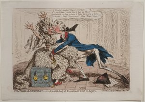 Ravishment Politico, o La Vecchia Signora di Threadneedle Street in pericolo!, pubblicato da Hannah Humphrey, 1797 da James Gillray