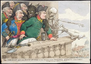 Il corso e i suoi segugi alla finestra delle Tuileries, guardando su Parigi, pubblicato da Hannah Humphrey nel 1815