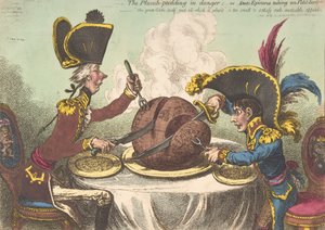 Il budino di prugne in pericolo, o epicurei di stato che prendono un petit souper, 26 febbraio 1805 da James Gillray