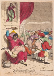 Scuola di Westminster o Dr Busby che regola i conti con il maestro Billy e i suoi compagni di gioco, pub. 1785 (incisione colorata a mano)