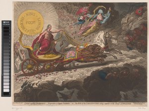 William Pitt scaccia le forze oscure, 1795 (Light Expelling darkness, - evaporation of Stygian exhalations,-or- The sun of the constitution, rising superior to the clouds of opposition) da James Gillray