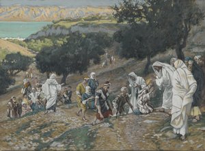 Gesù guarisce i ciechi e gli zoppi sulla montagna, illustrazione da La vita di Nostro Signore Gesù Cristo