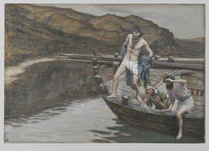 San Pietro, avvertito da San Giovanni della presenza del Signore, si getta in acqua, illustrazione da La vita di Nostro Signore Gesù Cristo, 1886-94