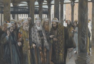 I sommi sacerdoti prendono consiglio insieme, illustrazione da La vita di Nostro Signore Gesù Cristo, 1886-94