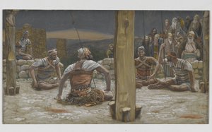 Le quattro guardie sedute lo osservano, illustrazione da La vita di Nostro Signore Gesù Cristo, 1886-94 da James Jacques Joseph Tissot