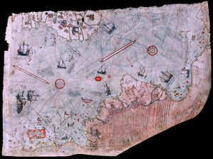 La mappa di Piri Reis Haritasi completata nel 1513. MUSEO DEL PALAZZO TOPKAPI, ISTANBUL, TURCHIA