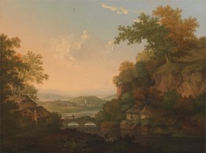 Una scena fluviale con capanne di paglia vicino a un ponte su una diga da James Lambert  of Lewes