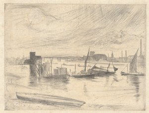 Alba a Battersea (molo di Cadogan), dalla serie del Tamigi (una serie di sedici acqueforti di scene sul Tamigi e altri soggetti) da James McNeill Whistler