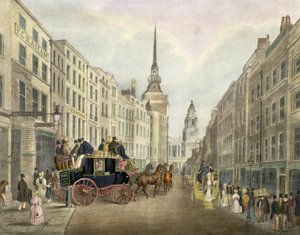 La carrozza di Cambridge che lascia il cortile di Belle Sauvage, Ludgate Hill