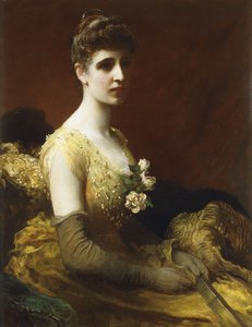 Ritratto di Lady Dixon di Rheda, tre quarti di lunghezza, seduta con un vestito giallo con fiori e un ventaglio da James Sant