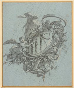 Uno stemma con un corno e tre catene sostenuto da un angelo e due putti da James Thornhill