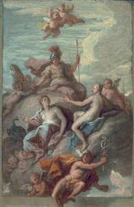 Giunone, Minerva e Venere inviano Mercurio con la mela della discordia, c.1718