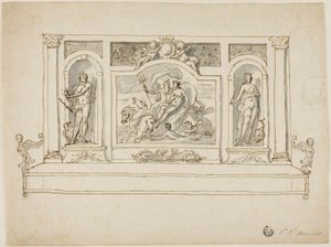 Nettuno e Anfitrite affiancati da Giove e Giunone: progetto per una panca da sala o da giardino dipinta da James Thornhill