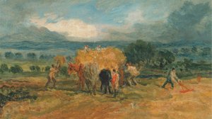 Scena di raccolto con lavoratori che caricano il fieno su un carro agricolo