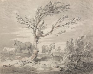 Paesaggio con tre cavalli e un albero in primo piano da James Ward