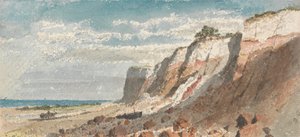 Riva del mare e scogliere, con un cavallo e un carro e una barca spiaggiata sulla spiaggia da James Ward