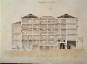 Albion Mill, sezione da est a ovest (disegno architettonico) da James Watt