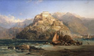 Veduta di San Sebastian (Spagna), al centro, Monte Urgull e gli edifici del castello di Santa Cruz de la Mota. Olio su tela di James Webb da James Webb