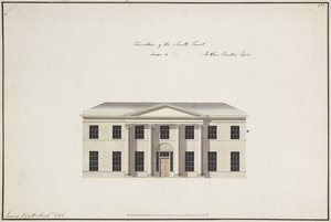 Soho House: pianta del piano terra; pianta del piano della camera da letto; elevazione del fronte sud, design A, elevazione del fronte sud, design B, ed elevazione del fronte nord, 1796 da James Wyatt