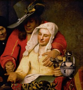 Un uomo porge una moneta a una donna che si tocca il seno, dettaglio da La Mezzana