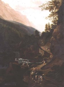 Muli su un sentiero di montagna vicino a un torrente da Jan (circle of) Hackaert