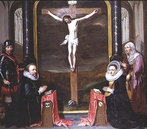 Una Crocifissione con Ritratti dei Donatori Adriaen Meusyenbroeck e sua Moglie, Anna Elant, Assistiti da San Adriano e Sant
